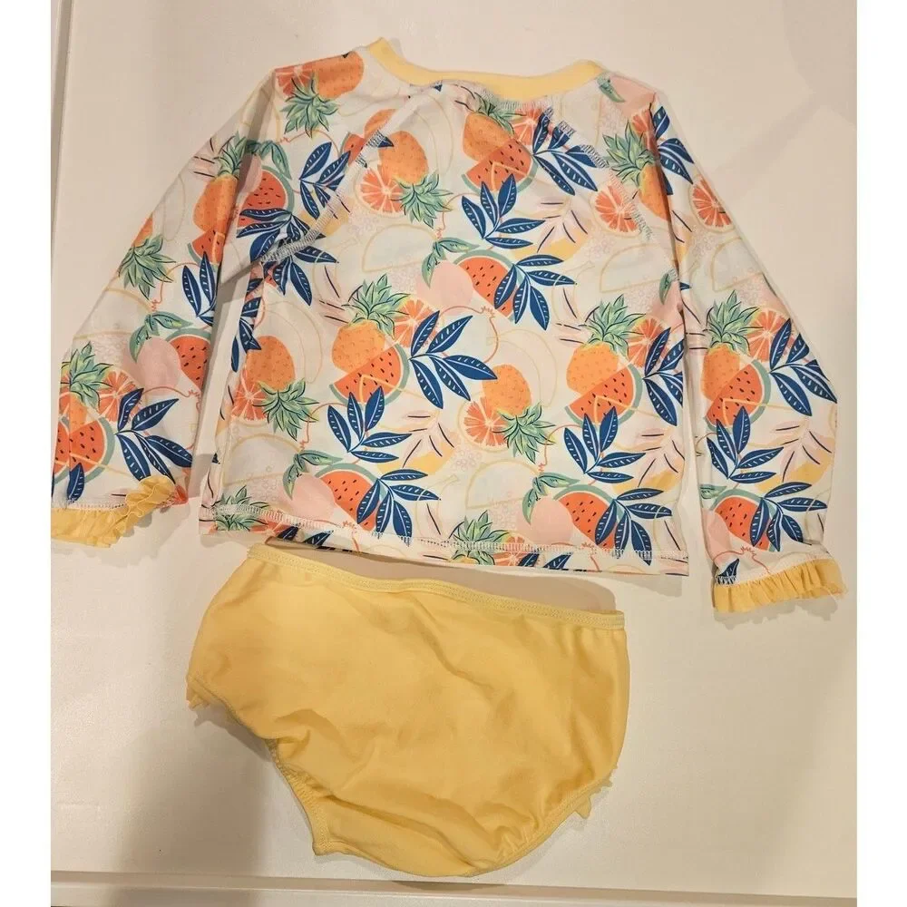 Girl's Yellow White Pink Long Sleeve Two Piece Swim Bathing Set, Size 24 Months